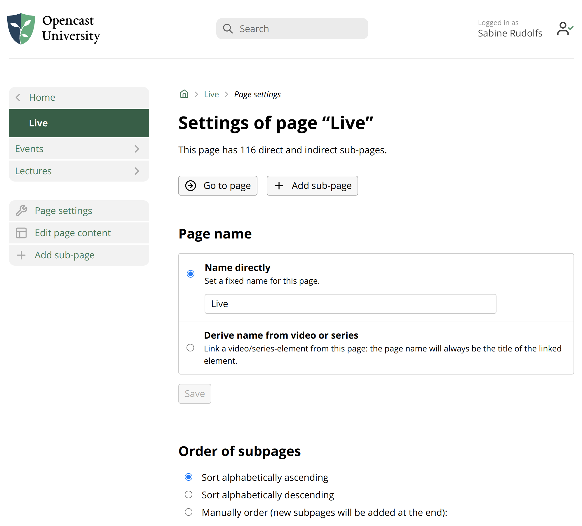 Tobira's settings page to change the name or order of subpages of a Tobira page